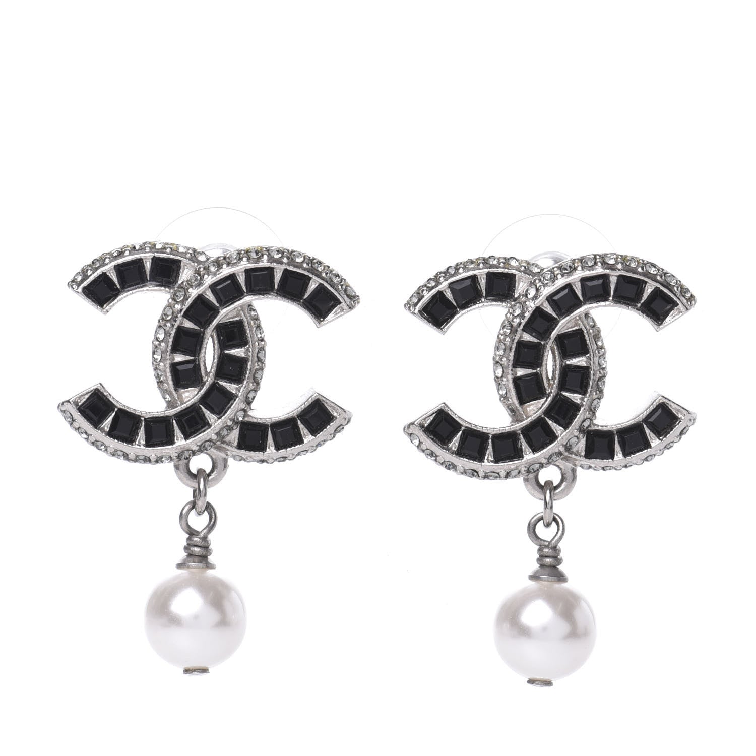 Chanel Baguette Crystal Pearl CC Drop Earrings Silver Black 2 of 8