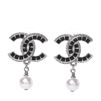 Chanel Baguette Crystal Pearl CC Drop Earrings Silver Black 2 of 8