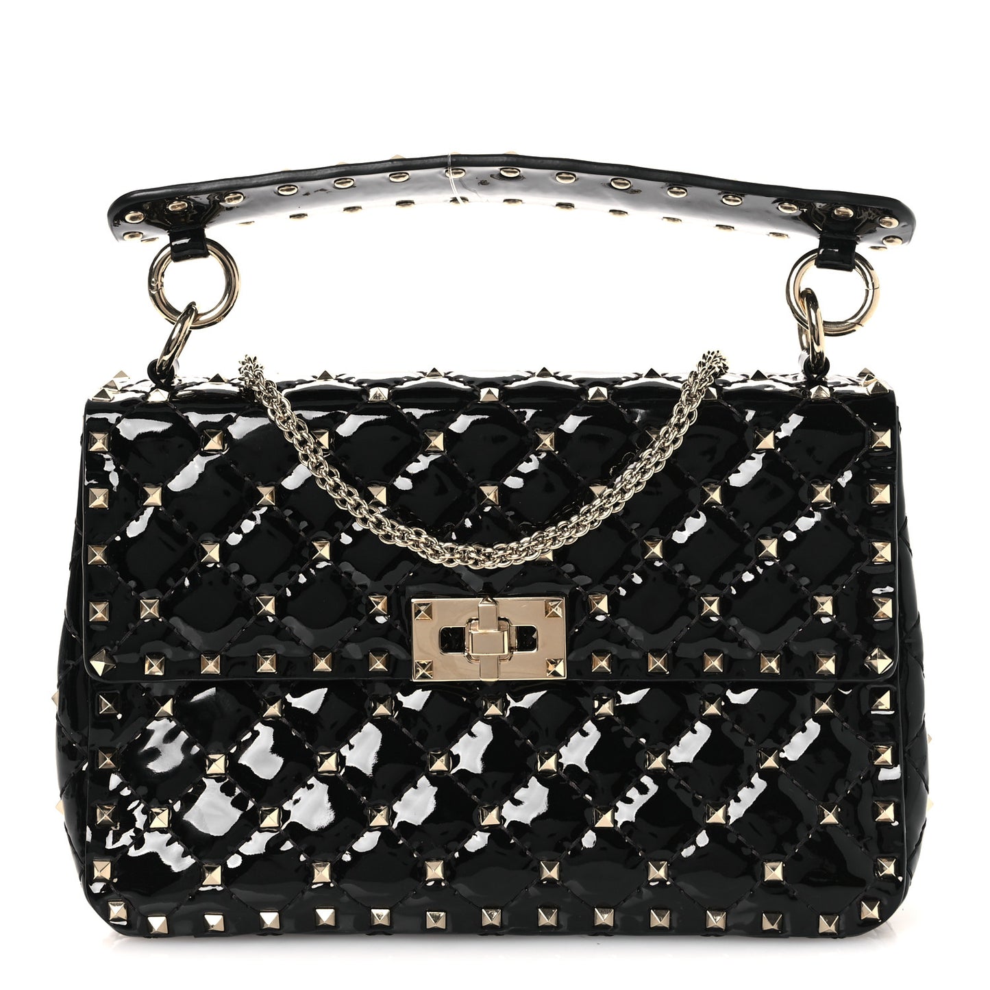 Patent Medium Rockstud Spike Shoulder Bag Black