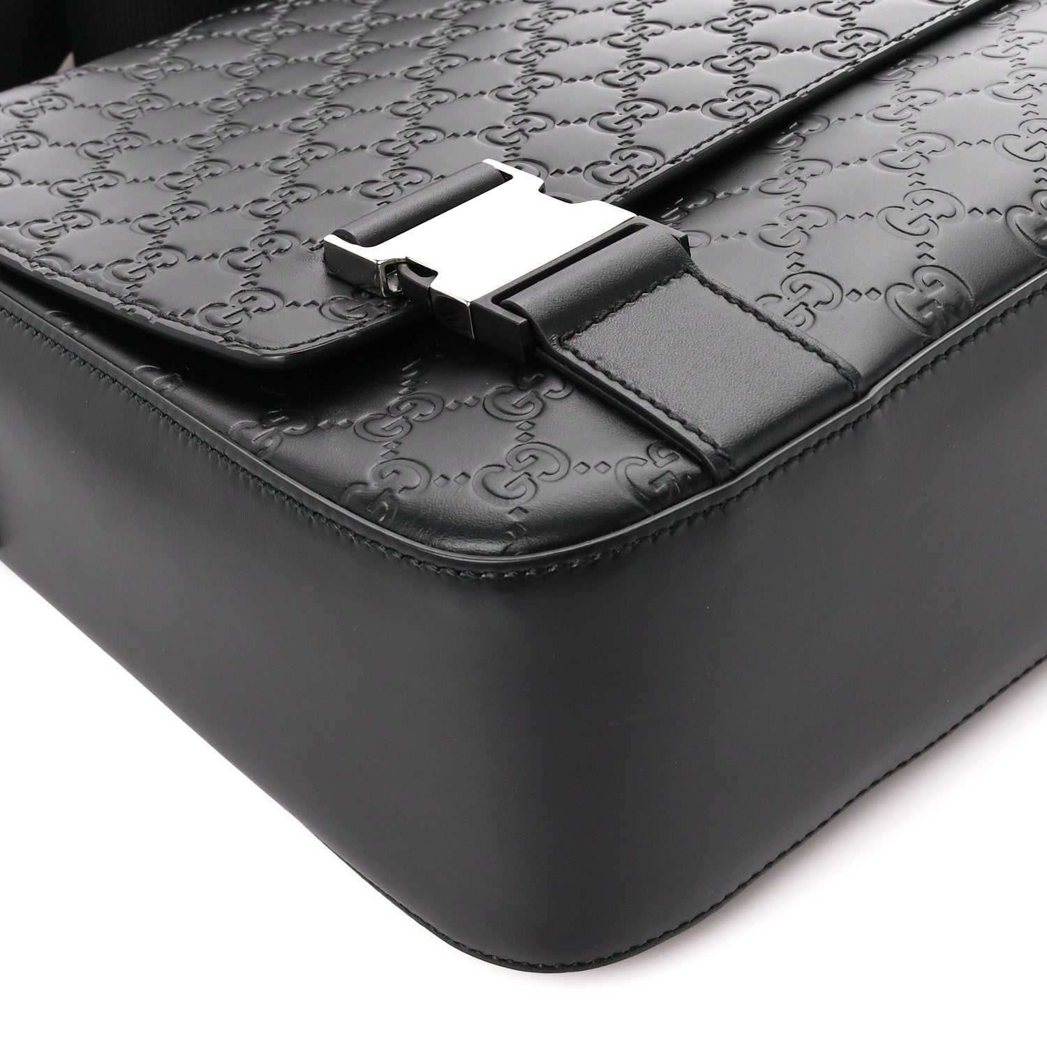 Gucci Guccissima Signature Medium Double Buckle Flap Messenger Bag Black 10 of 11