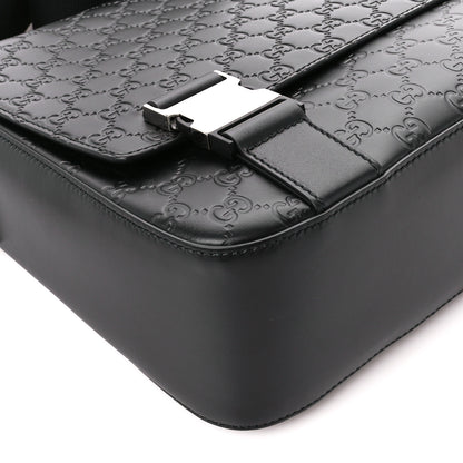 Gucci Guccissima Signature Medium Double Buckle Flap Messenger Bag Black 10 of 11