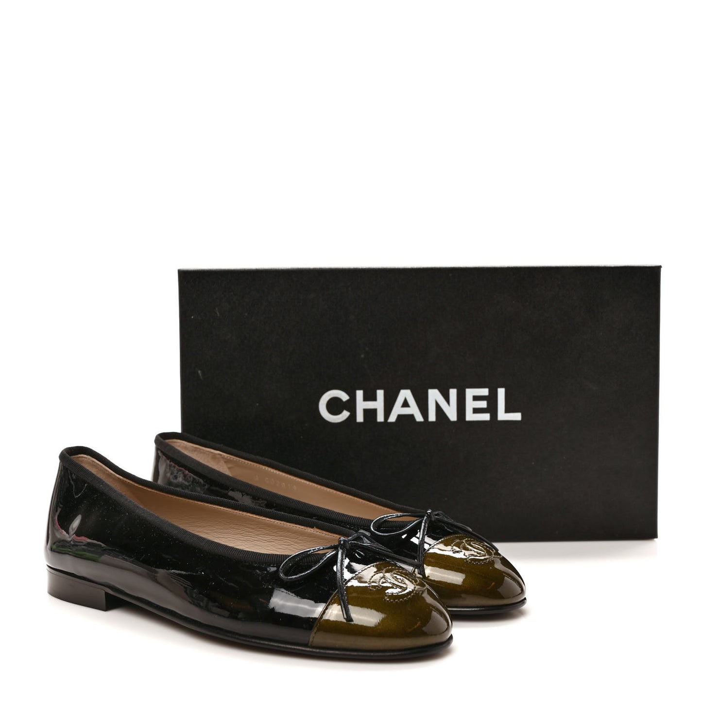 Patent CC Cap Toe Ballerina Flats 36 Black Kaki Clair