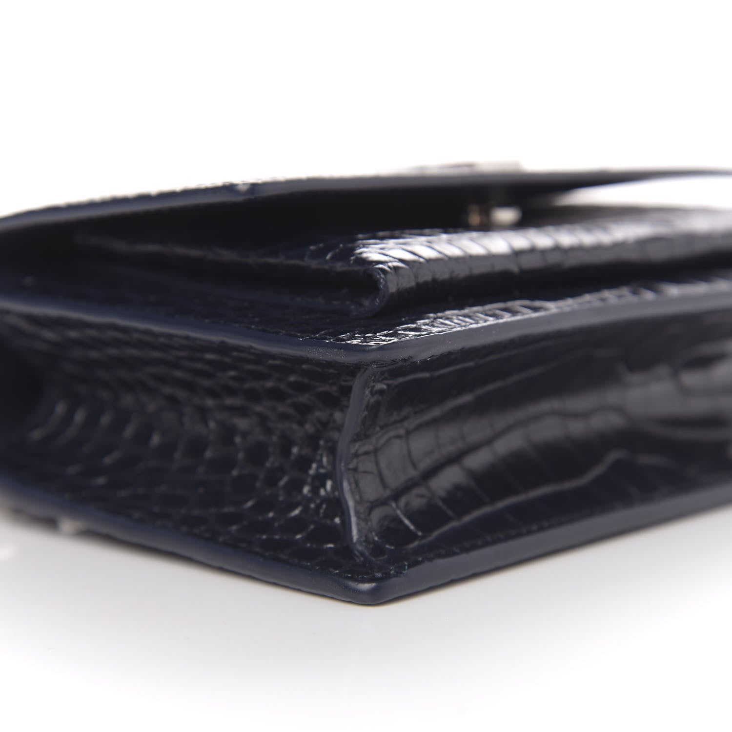 Saint Laurent Calfskin Crocodile Embossed Monogram Sunset Chain Wallet Navy 7 of 9