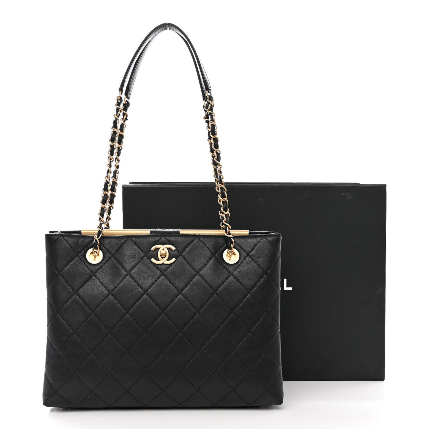 Lambskin Quilted Signature Plate Large Shopping Tote Black