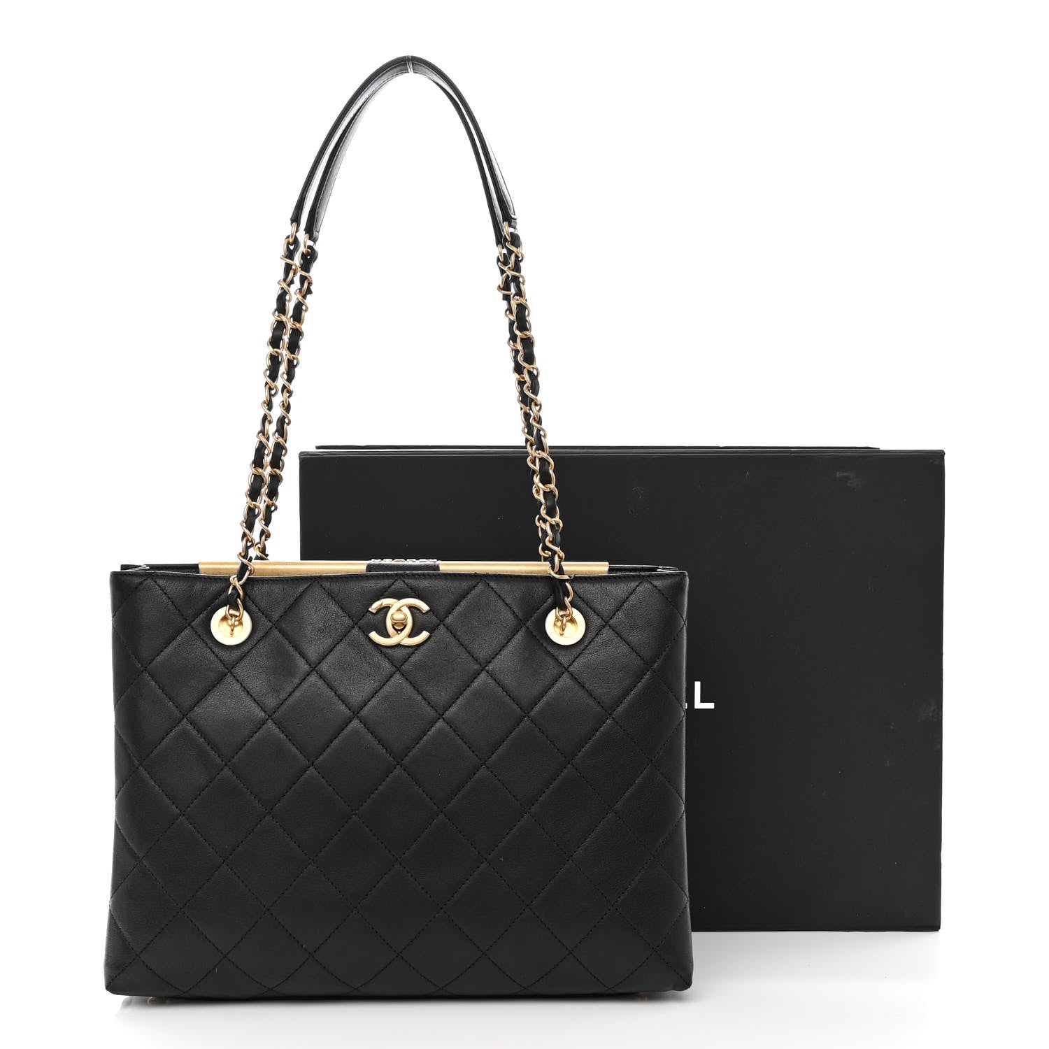 Chanel Lambskin Quilted Signature Plate Large Shopping Tote Black 11 of 11