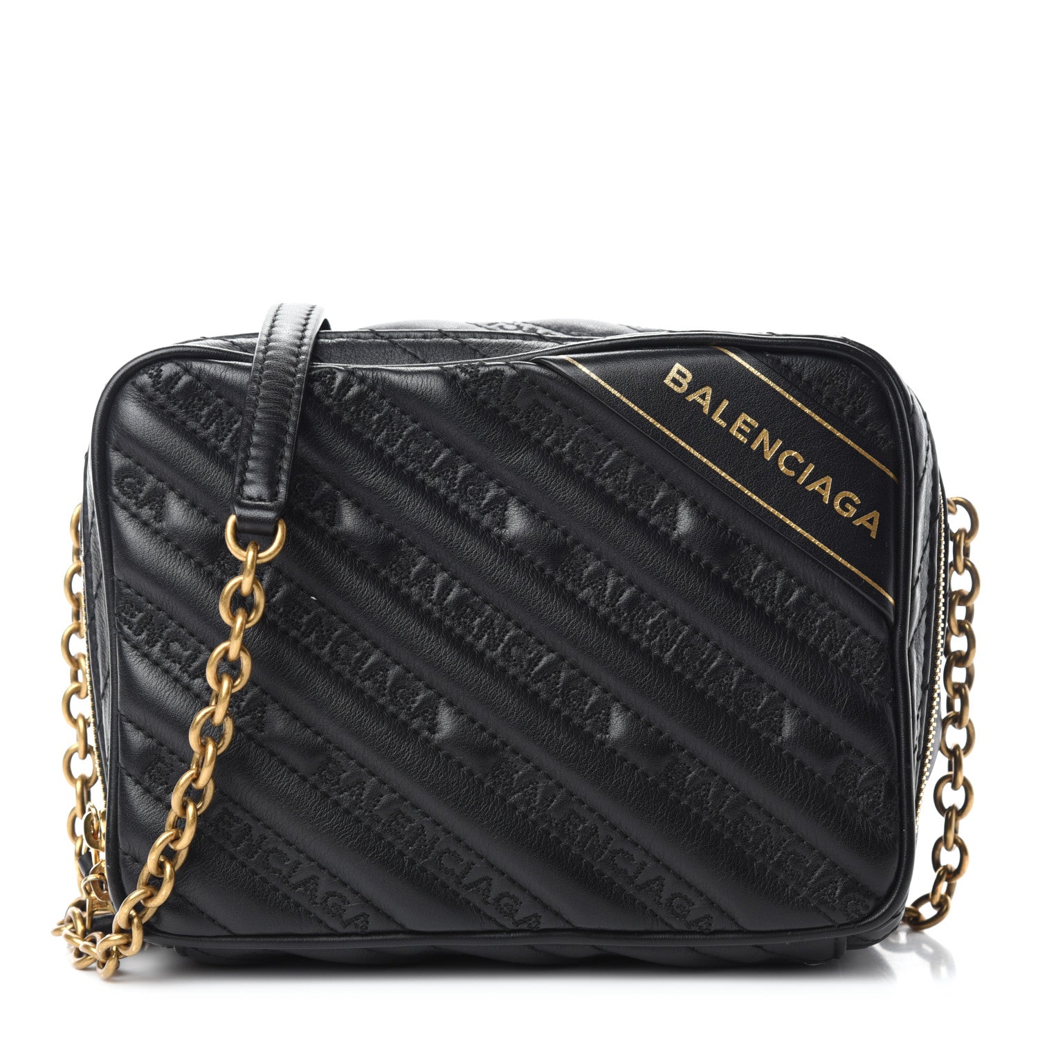 Balenciaga Calfskin Logo Matelasse Chain Strap Blanket Reporter XS Black 1 of 12