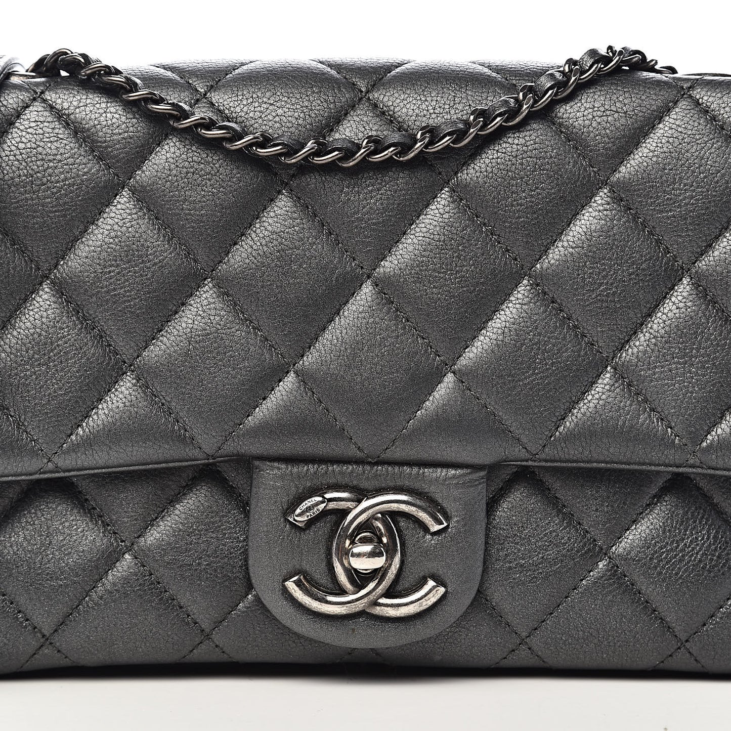 Metallic Calfskin Quilted Medium Medallion Flap Dark Silver
