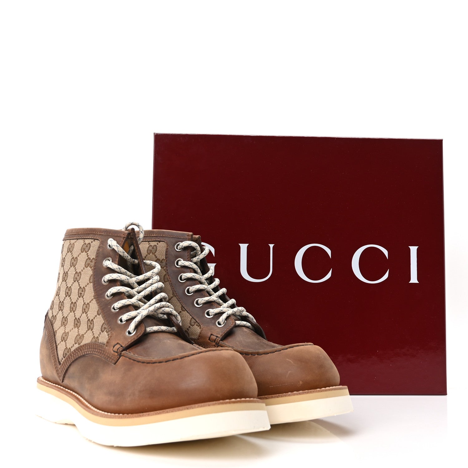 Gucci Garrett Calfskin Monogram Mens Ala Boots 12 Beige Ebony Cuir 9 of 9