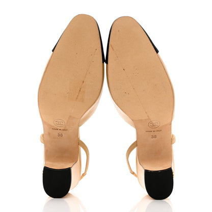 Chanel Goatskin Grosgrain Cap Toe CC Slingback Pumps 38 Beige Black 5 of 11