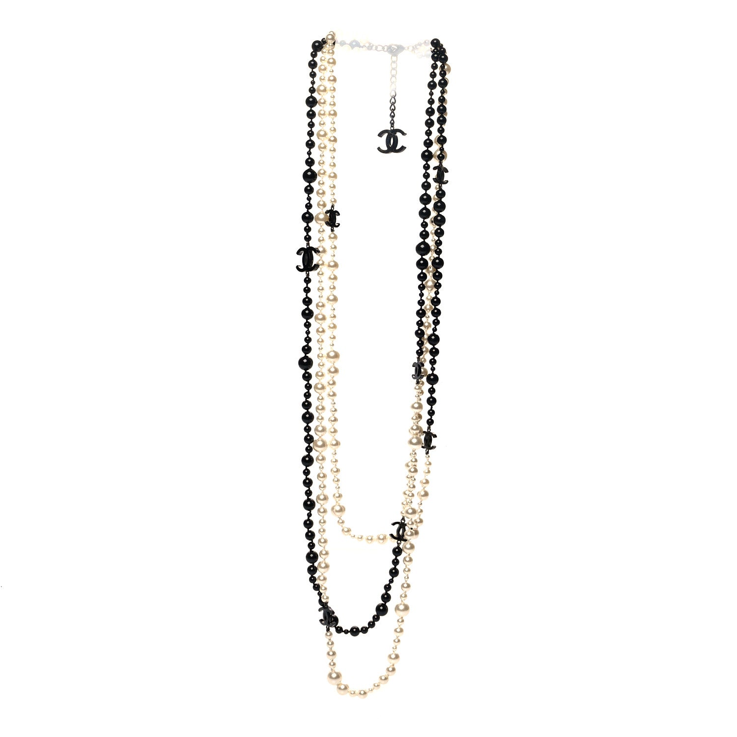 Chanel Pearl Bead CC Long Double Strand Necklace Black White 3 of 5