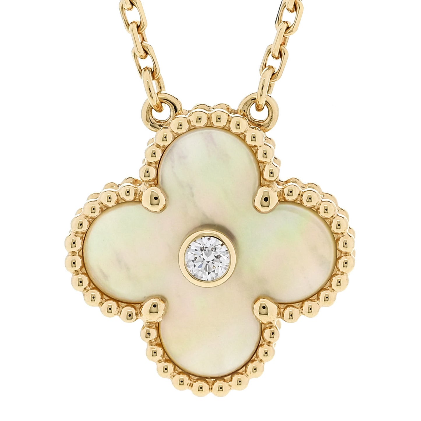 18K Yellow Gold Diamond Yellow Mother of Pearl Vintage Alhambra Pendant Necklace