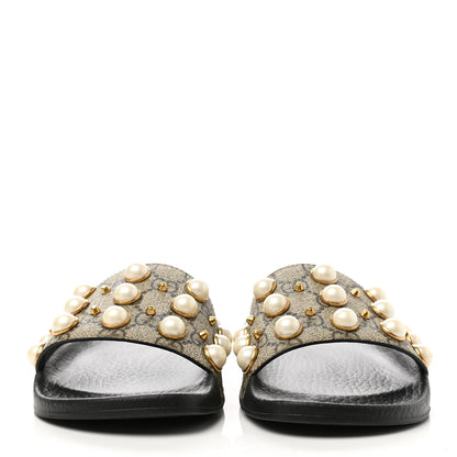 Gucci GG Supreme Monogram Pearls Slide Sandals 35 Beige 2 of 10