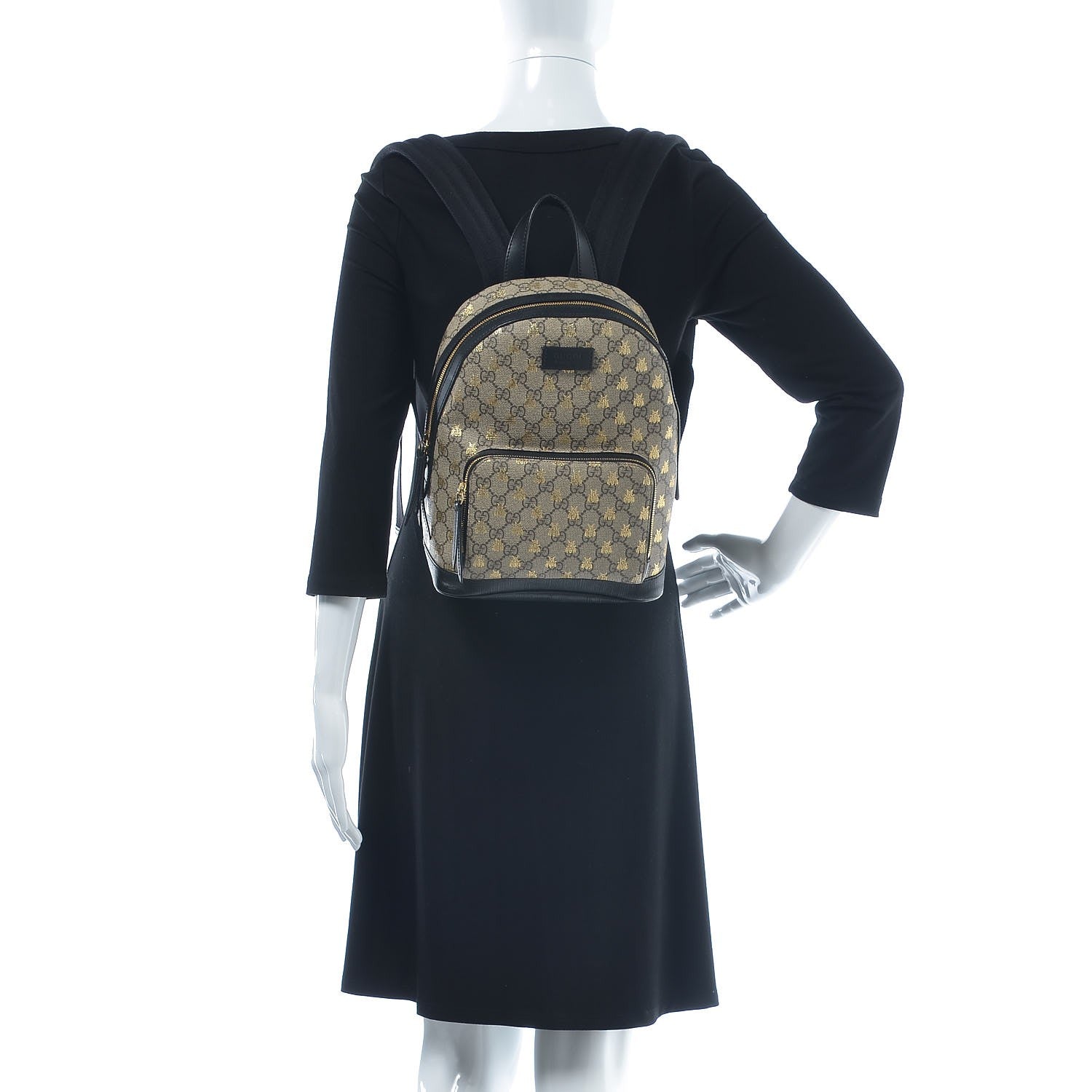 Gucci GG Supreme Monogram Bees Print Small Day Backpack Beige Oro Black 2 of 13