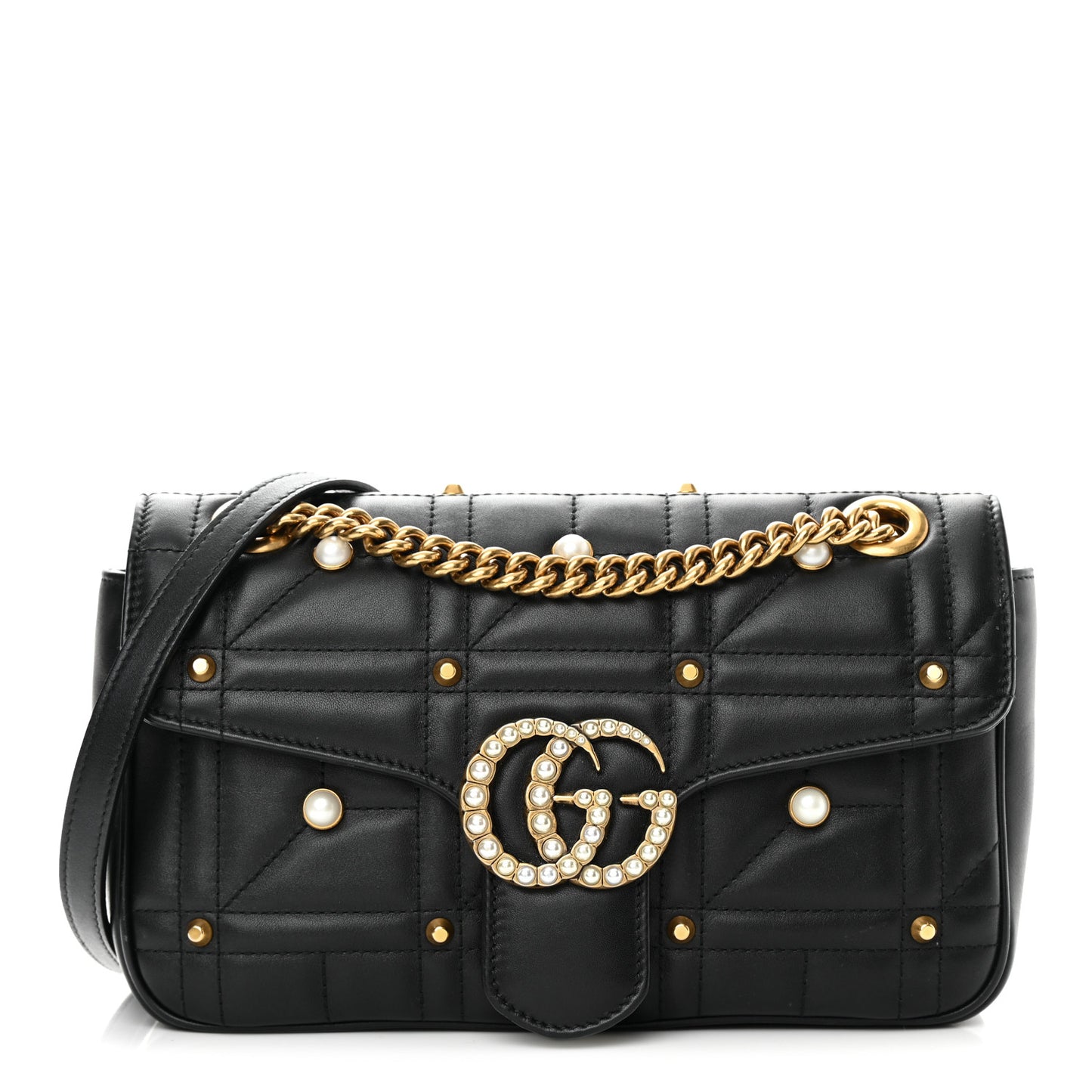 Calfskin Matelasse Studded Small Pearly GG Marmont Shoulder Bag Black