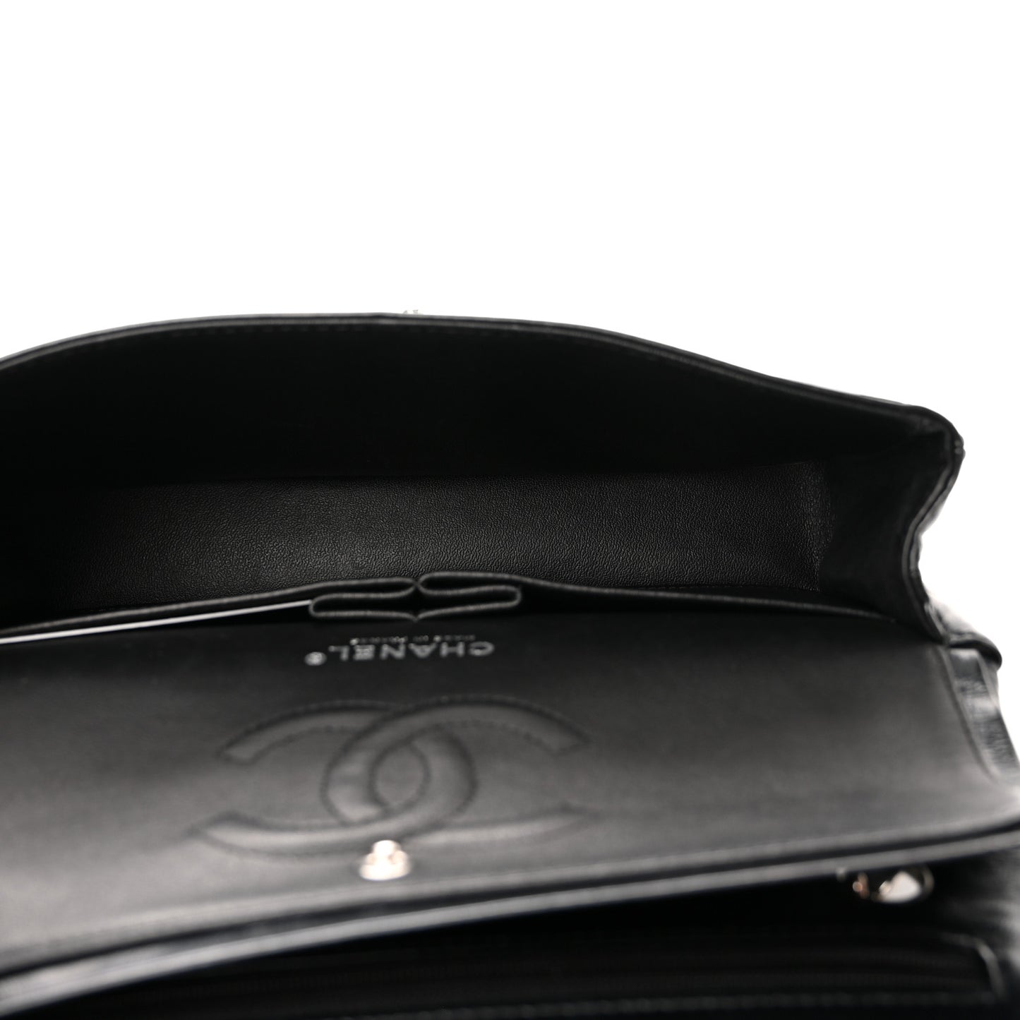 Glazed Calfskin Grommet Embellished Medium Airline Double Flap Black