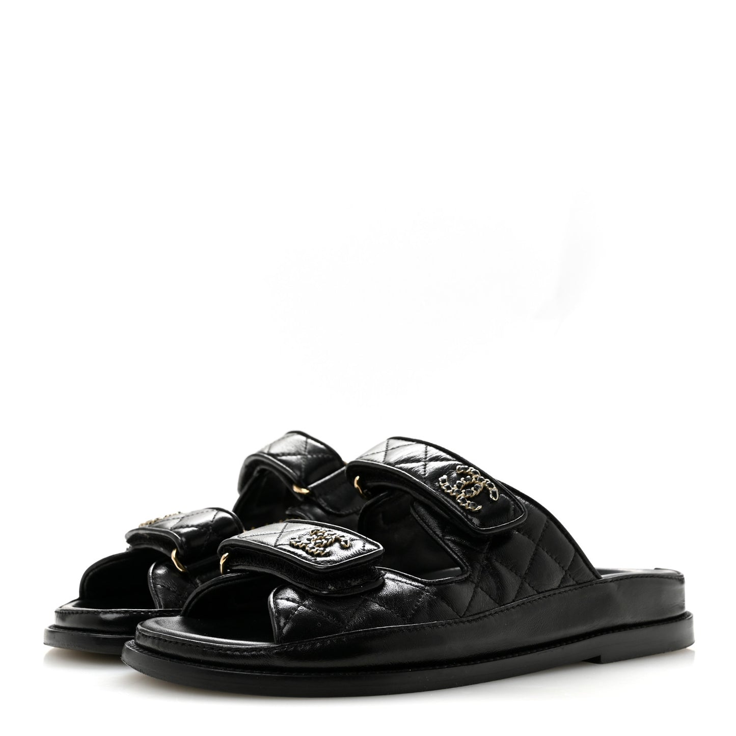 Lambskin Quilted Velcro Dad Chain CC Slide Sandals 36 Black
