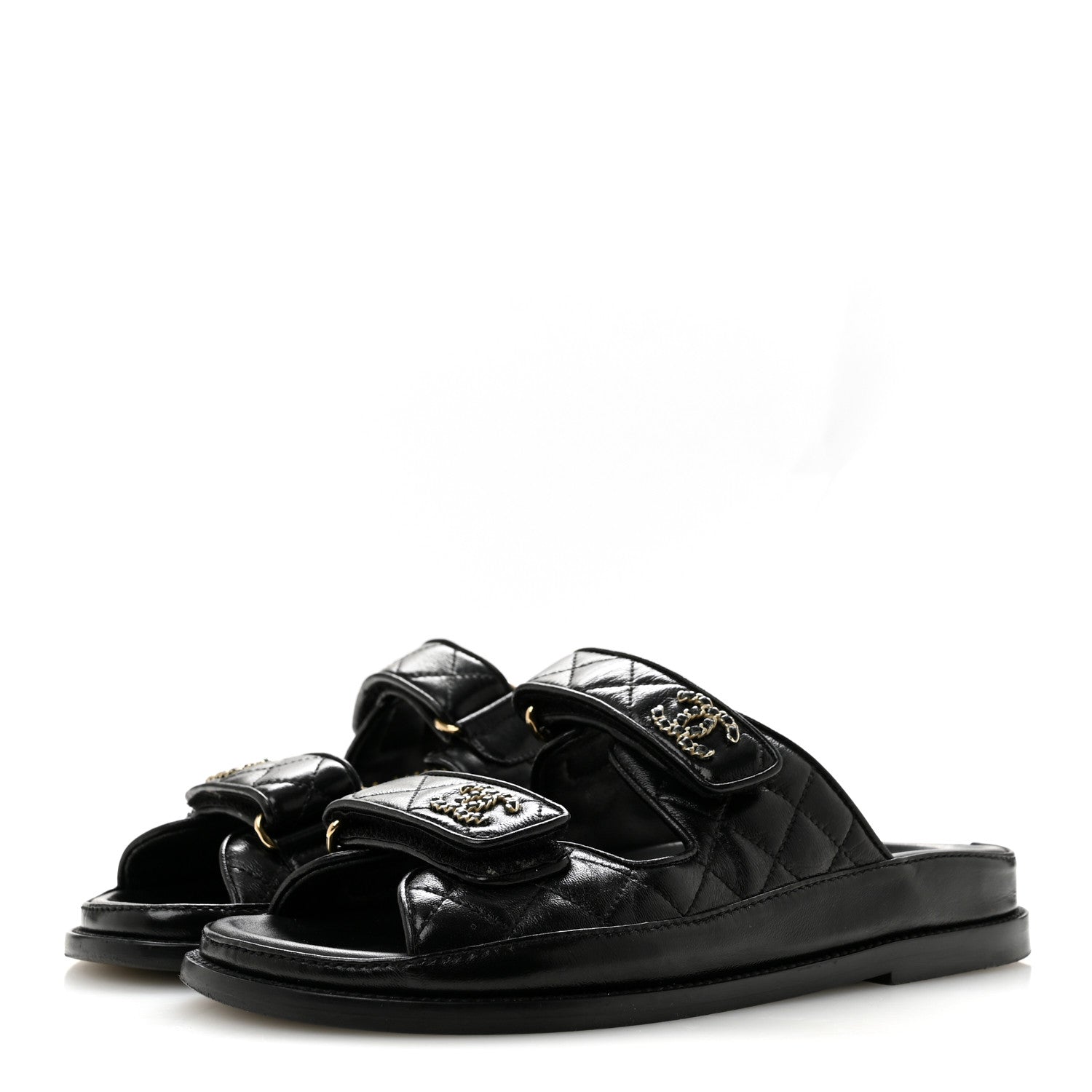 Chanel Lambskin Quilted Velcro Dad Chain CC Slide Sandals 36 Black 4 of 10