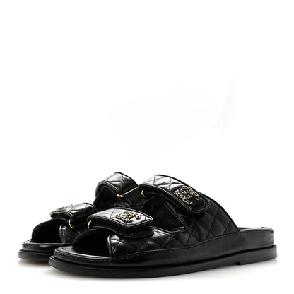 Chanel Lambskin Quilted Velcro Dad Chain CC Slide Sandals 36 Black 4 of 10