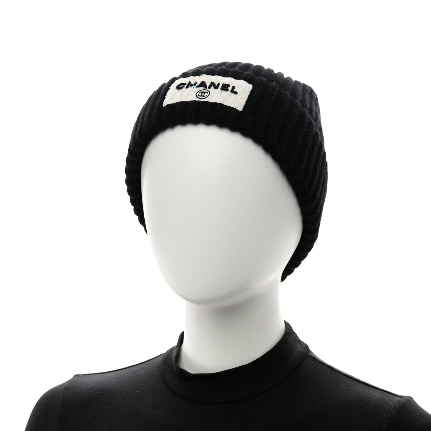 Cashmere Beaded Sequin Logo Beanie Hat Black