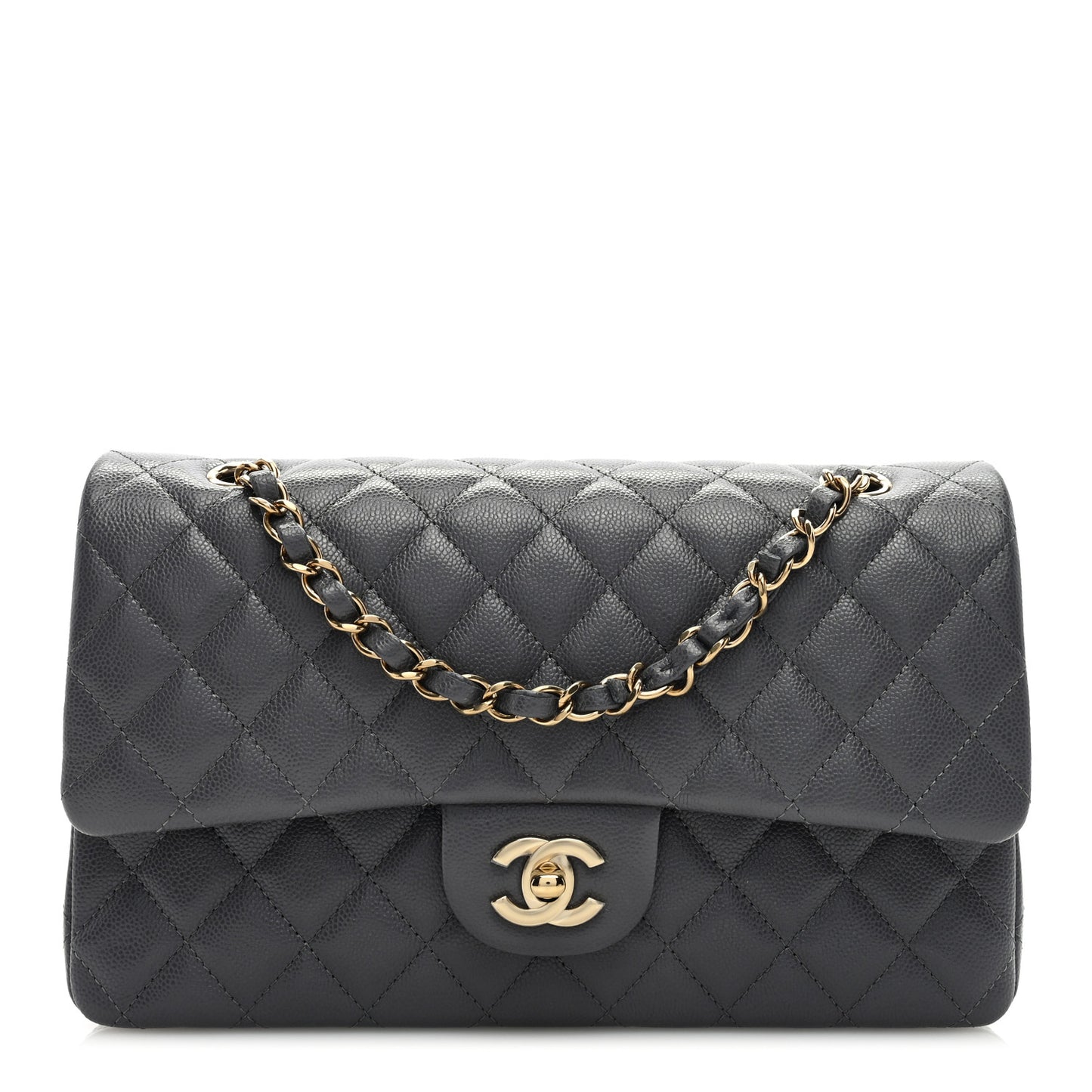 Caviar Quilted Medium Double Flap Dark Grey