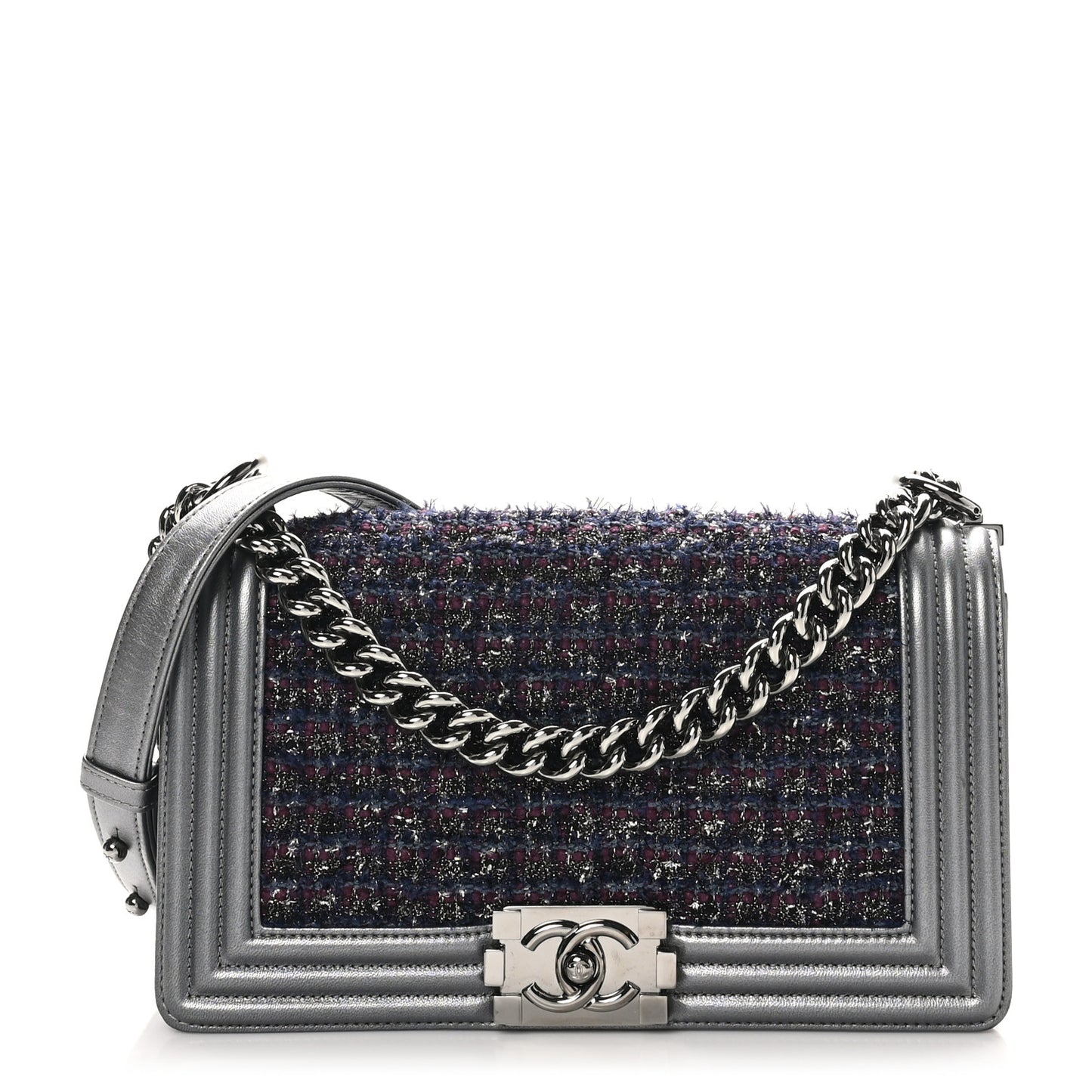 Tweed Metallic Lambskin Medium Boy Flap Silver