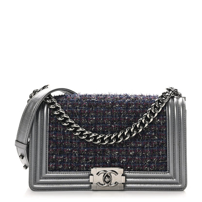 Chanel Tweed Metallic Lambskin Medium Boy Flap Silver 1 of 10