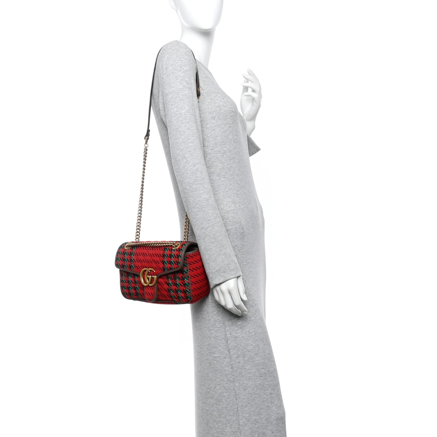 Wool Tweed Textured Dollar Calfskin Matelasse Diagonal Plaid Small GG Marmont Shoulder Bag Red Green Multicolor New Acero