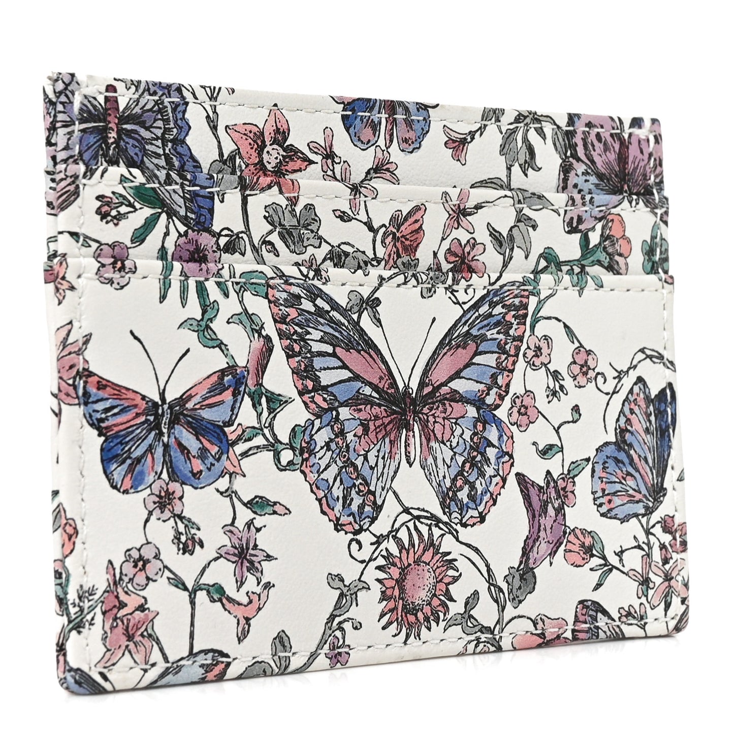 Calfskin Butterfly Printed Caro Five-Slot Card Holder White Multicolor