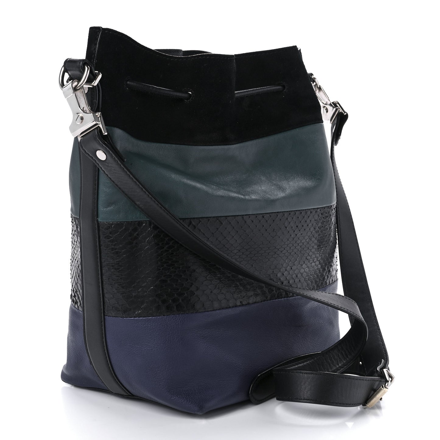 Smooth Calfskin Suede Snakeskin Paneled Bucket Bag Blue