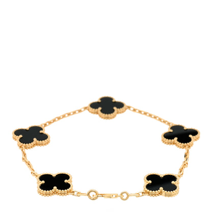 Van Cleef & Arpels 18K Yellow Gold Black Onyx 5 Motifs Vintage Alhambra Bracelet 2 of 5