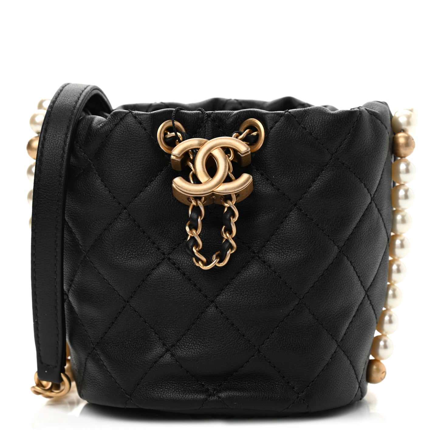 Calfskin Quilted Pearl Mini About Pearls Drawstring Bucket Bag Black