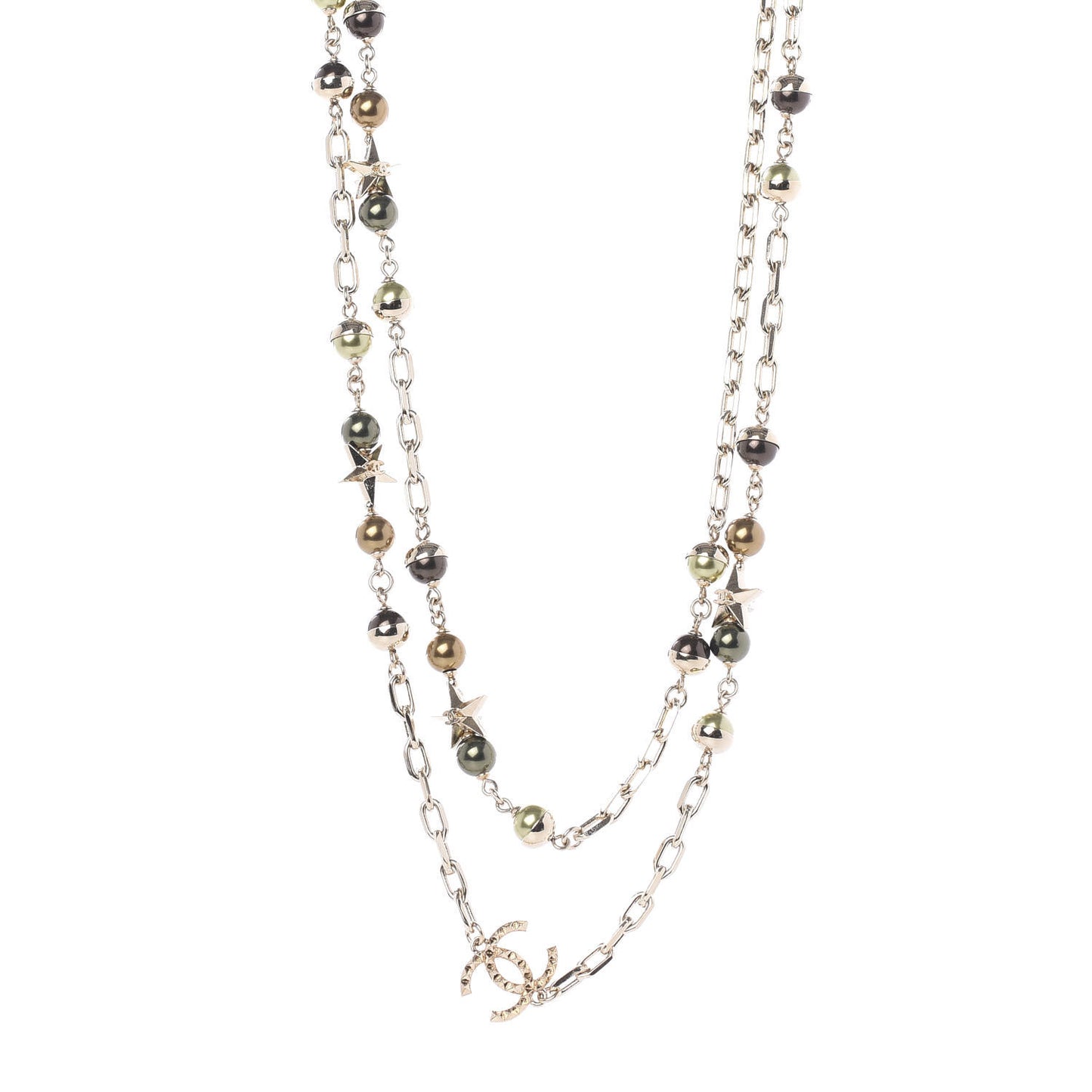Beaded Star CC Long Necklace Green Gold