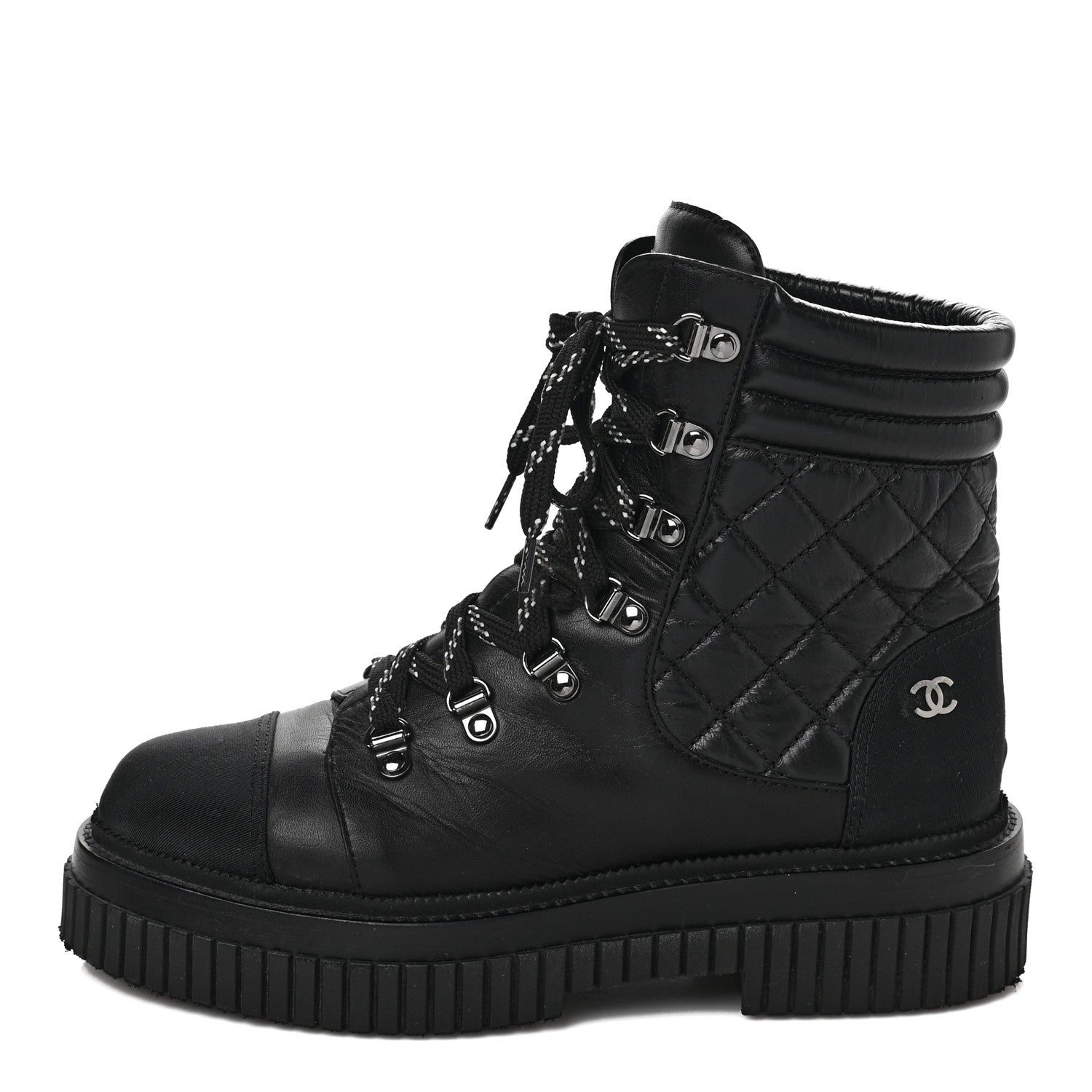 Chanel Calfskin Grosgrain Quilted Lace Up Boots 39.5 Black Grey 1 of 10
