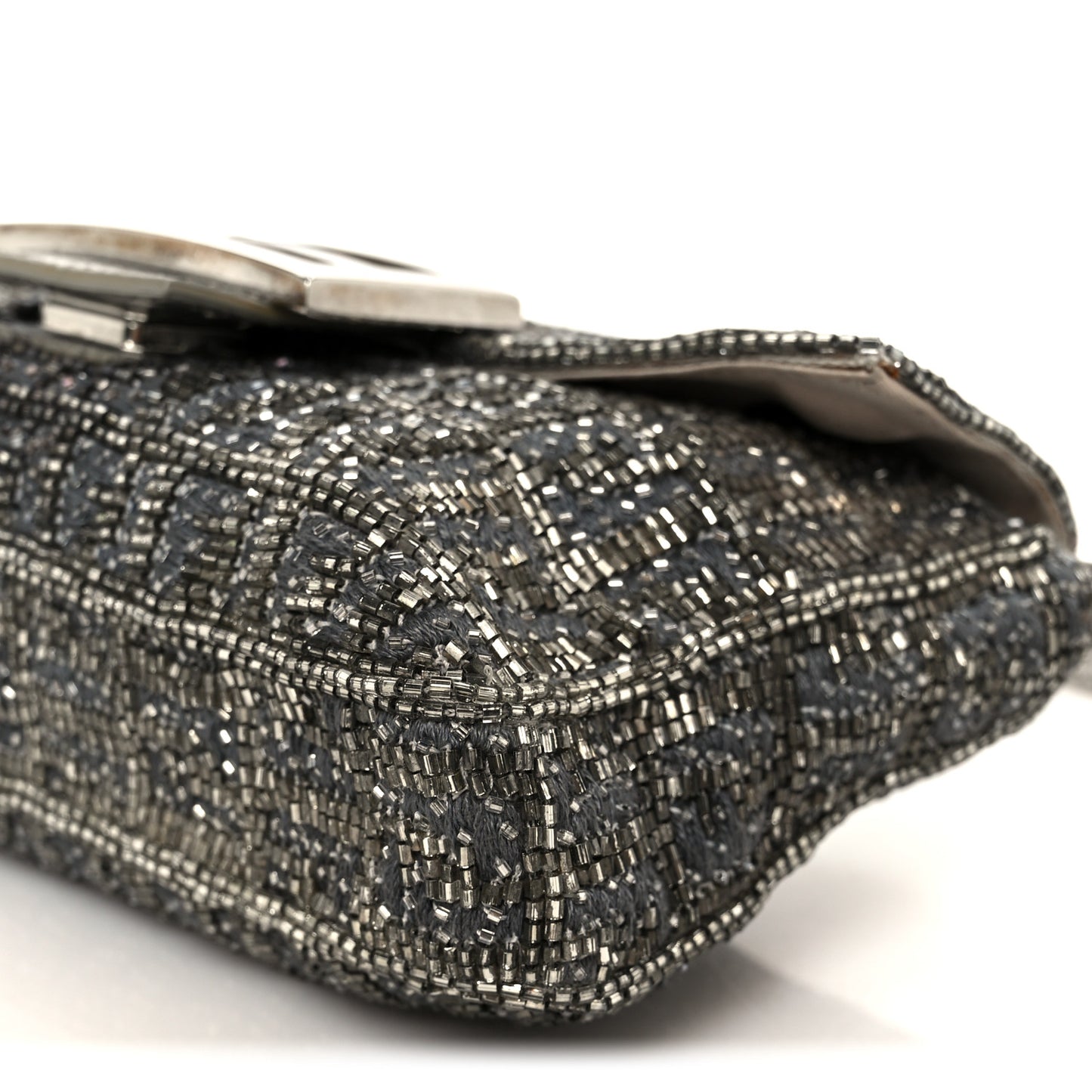 Metallic Lizard Beaded Embroidered Mini Baguette Grey