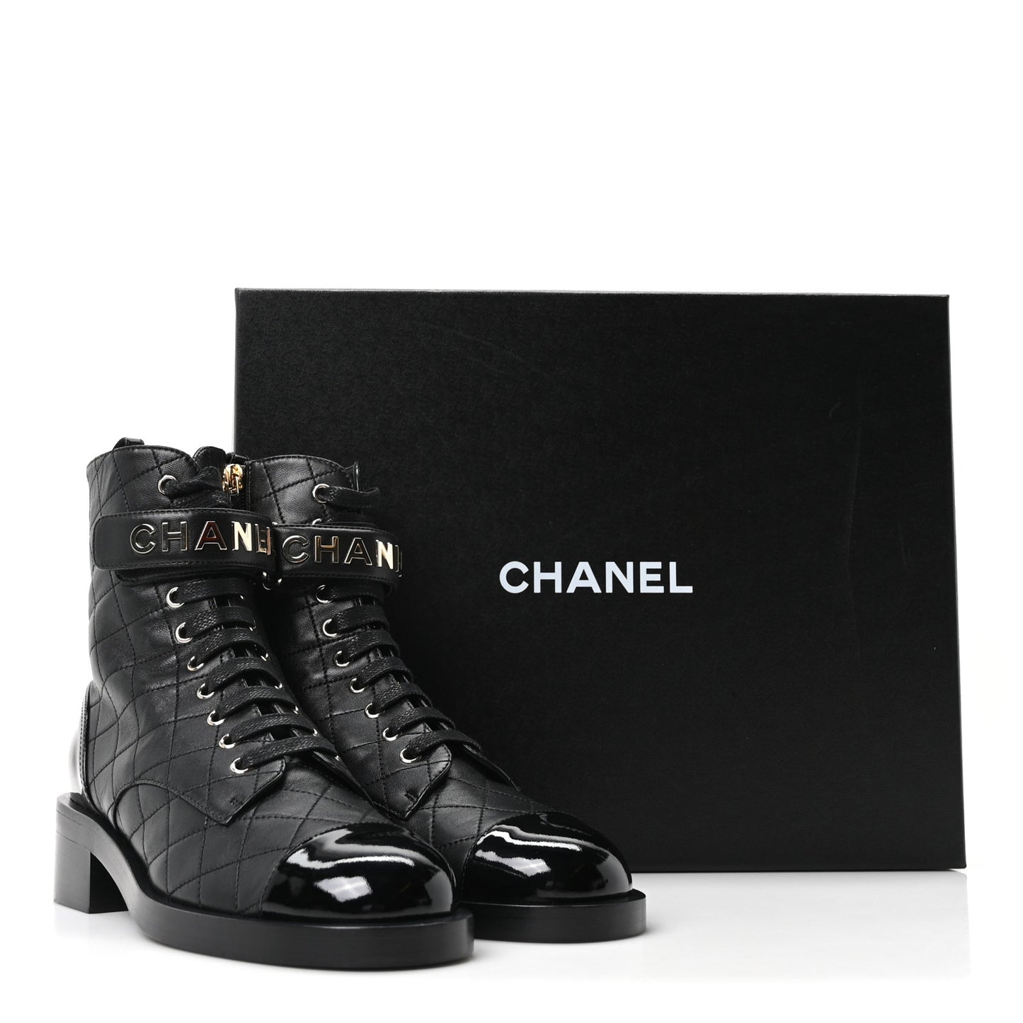 Lambskin Patent Calfskin Quilted Logo Lace Up Combat Boots 39.5 Black