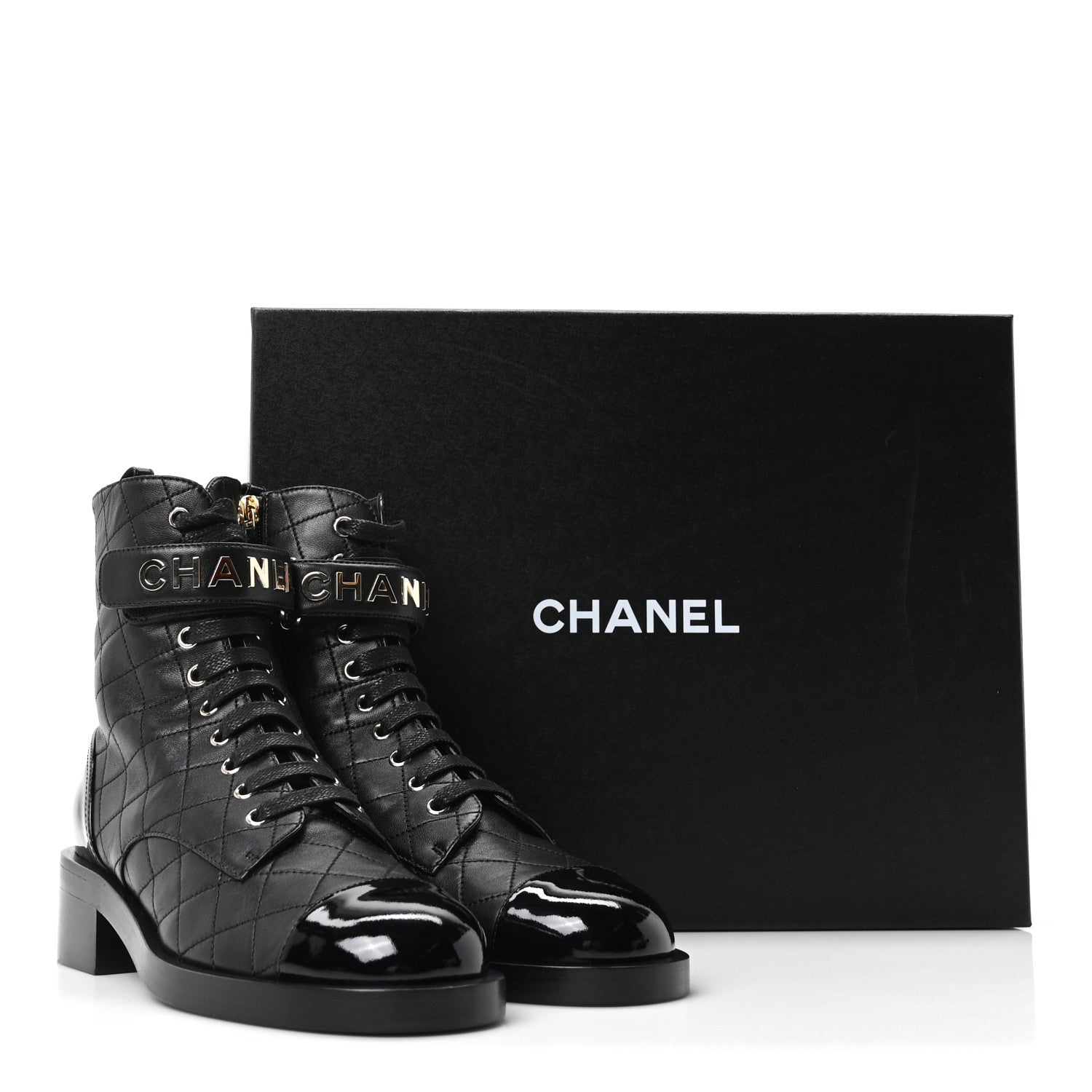 Chanel Lambskin Patent Calfskin Quilted Logo Lace Up Combat Boots 39.5 Black 10 of 10