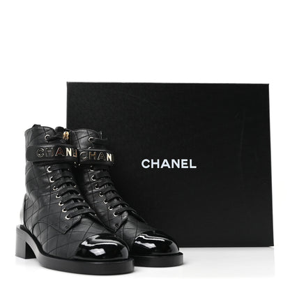 Chanel Lambskin Patent Calfskin Quilted Logo Lace Up Combat Boots 39.5 Black 10 of 10