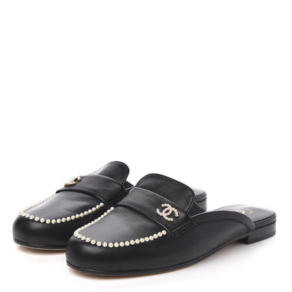 Chanel Lambskin Pearl CC Mules 36.5 Black 3 of 9