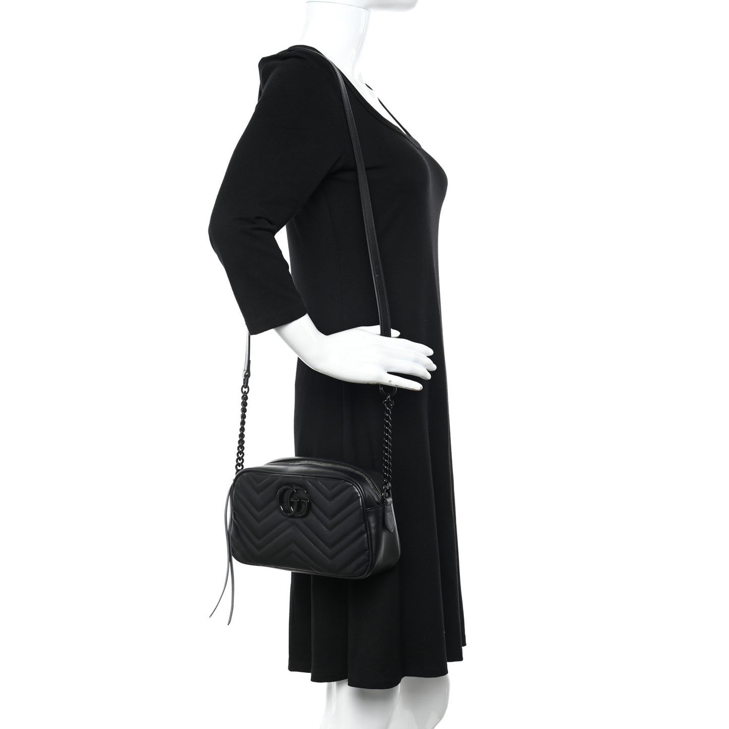 Calfskin Matelasse Monochrome Small GG Marmont Chain Shoulder Bag Black