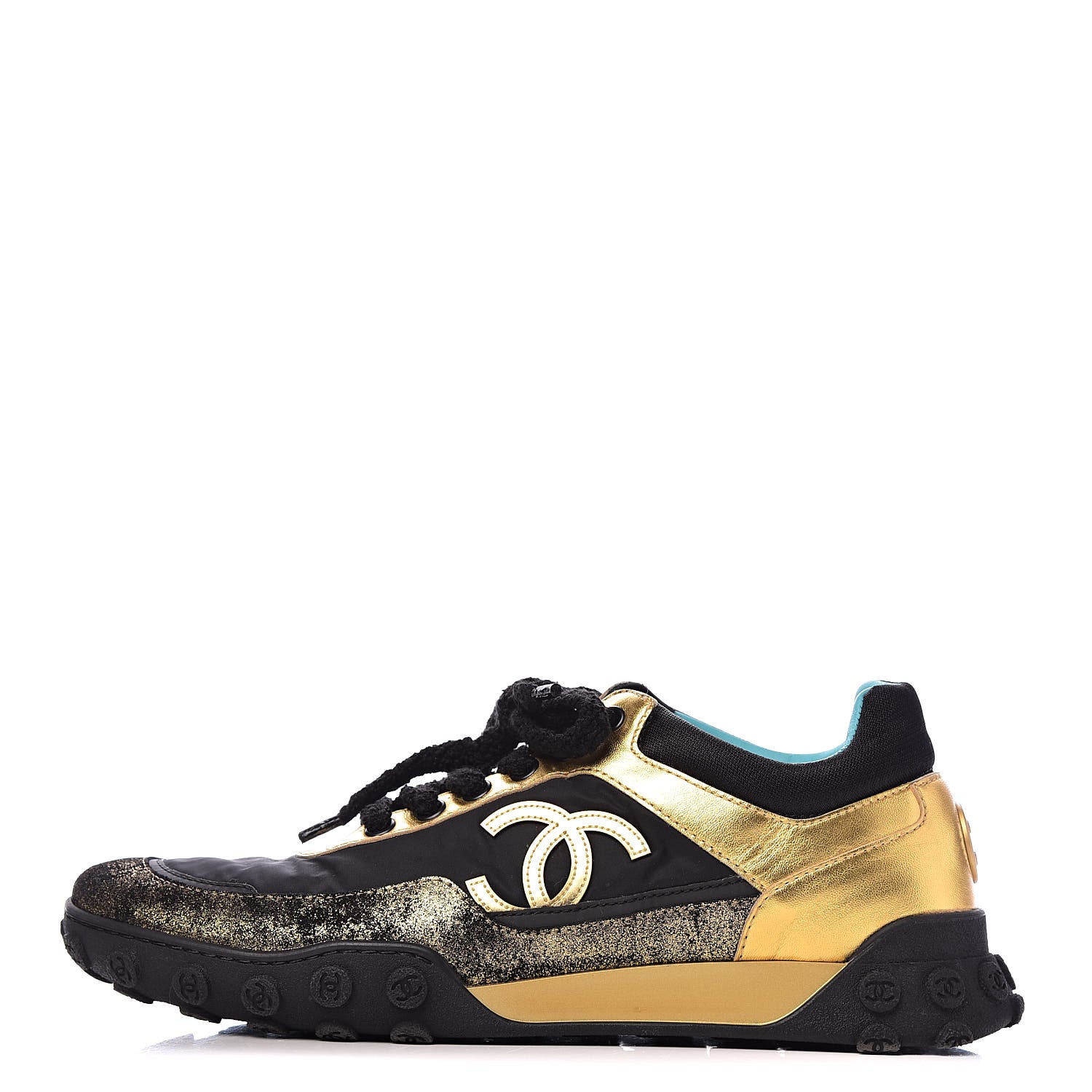 Chanel Metallic Lambskin Satin Finish Womens CC Sneakers 40 Black Gold 1 of 14