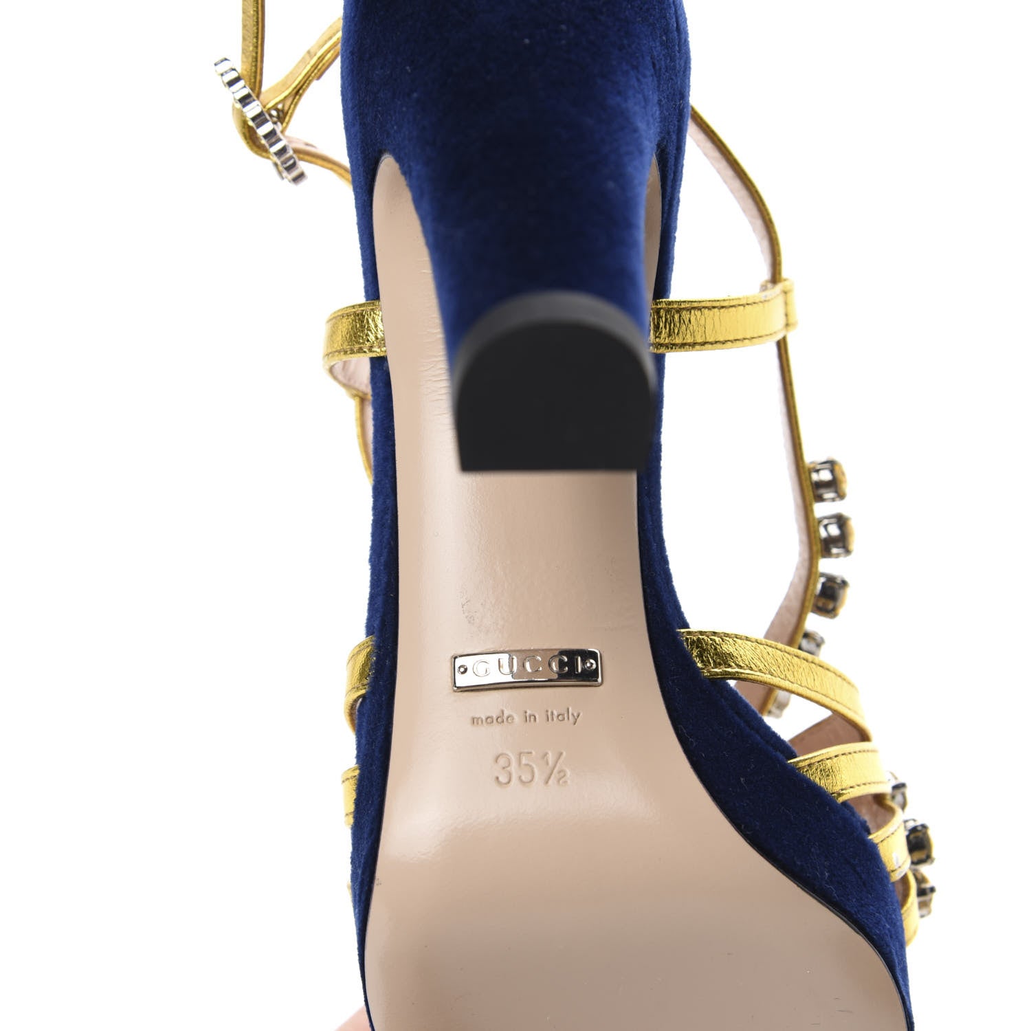 Gucci Velvet Nappa Crystal Zephyra Slingback Platform High Heel Sandals 35.5 Blue Gold 9 of 10