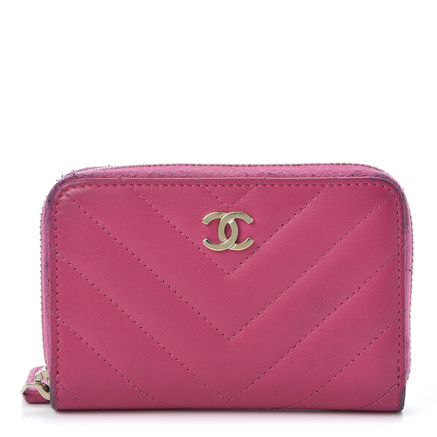 Lambskin Chevron Quilted Zip Around Coin Purse Pink