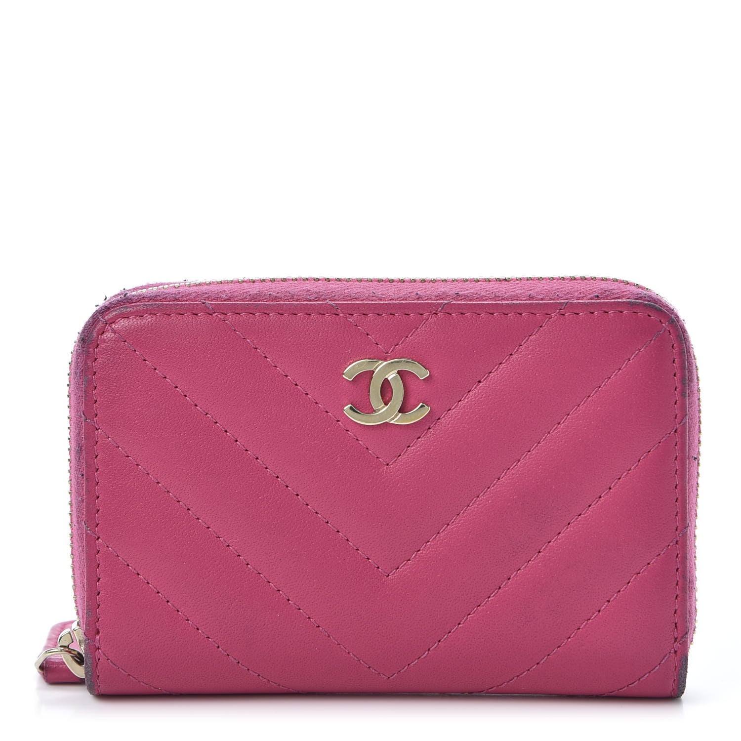 Chanel Lambskin Chevron Quilted Zip Around Coin Purse Pink 1 of 11