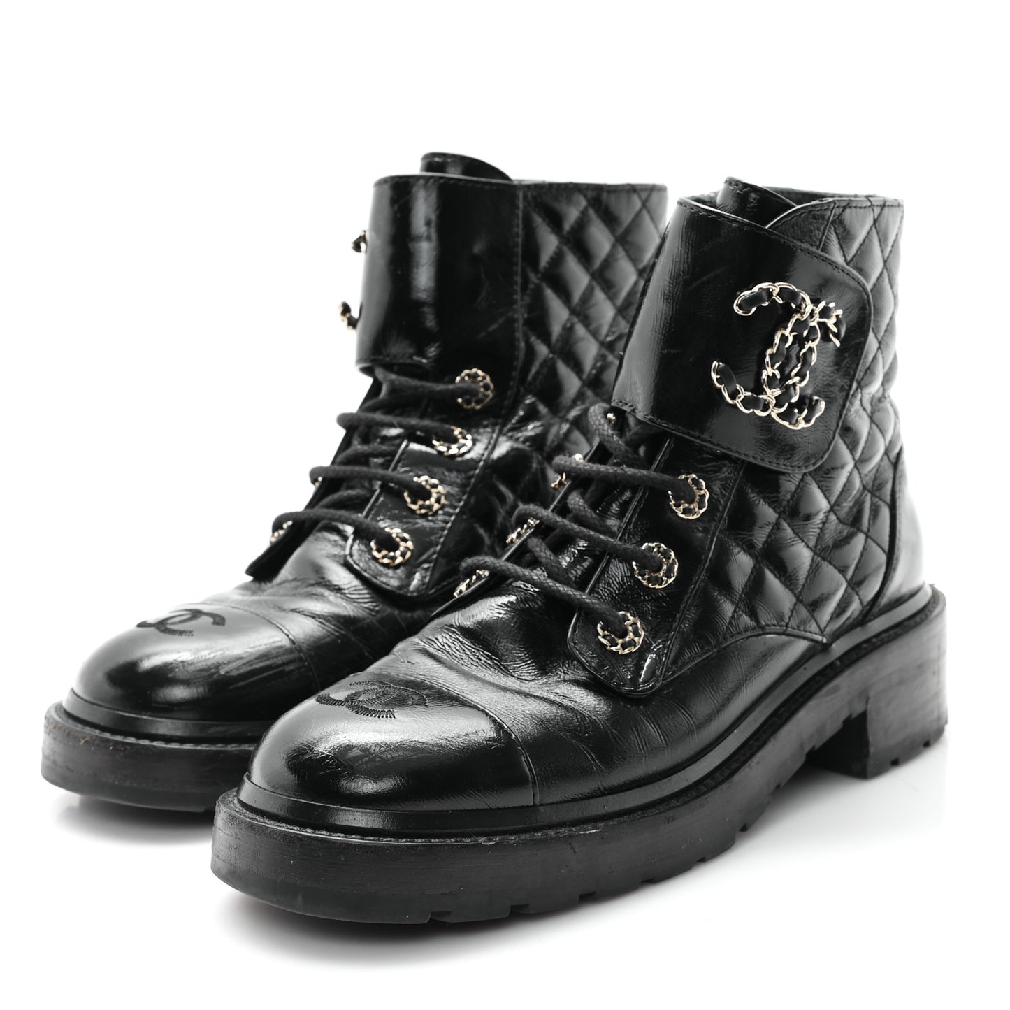 Shiny Goatskin Calfskin Quilted Lace Up Combat Boots 39 Black