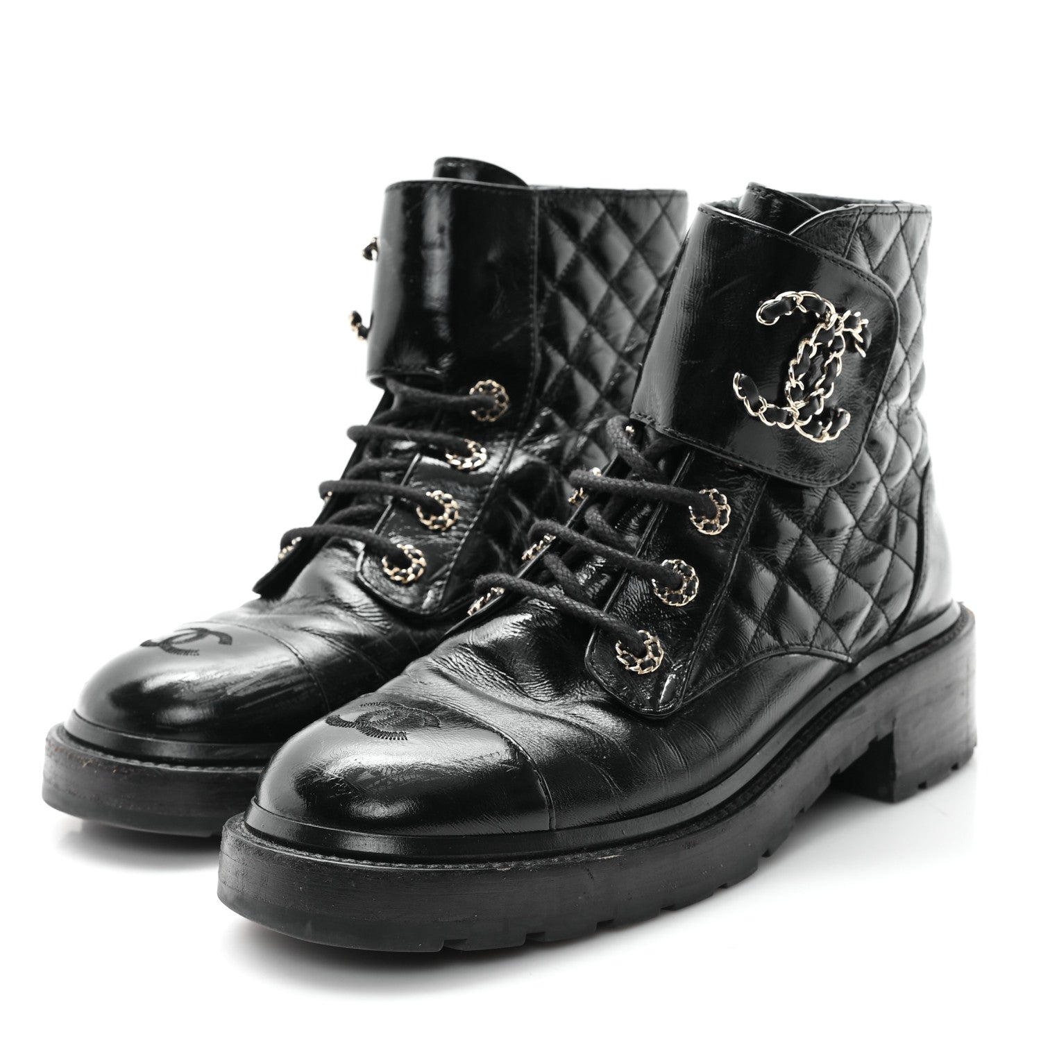 Chanel Shiny Goatskin Calfskin Quilted Lace Up Combat Boots 39 Black 4 of 10