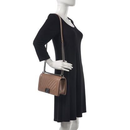 Chanel Caviar Chevron Quilted Medium Boy Flap Dark Beige 2 of 12
