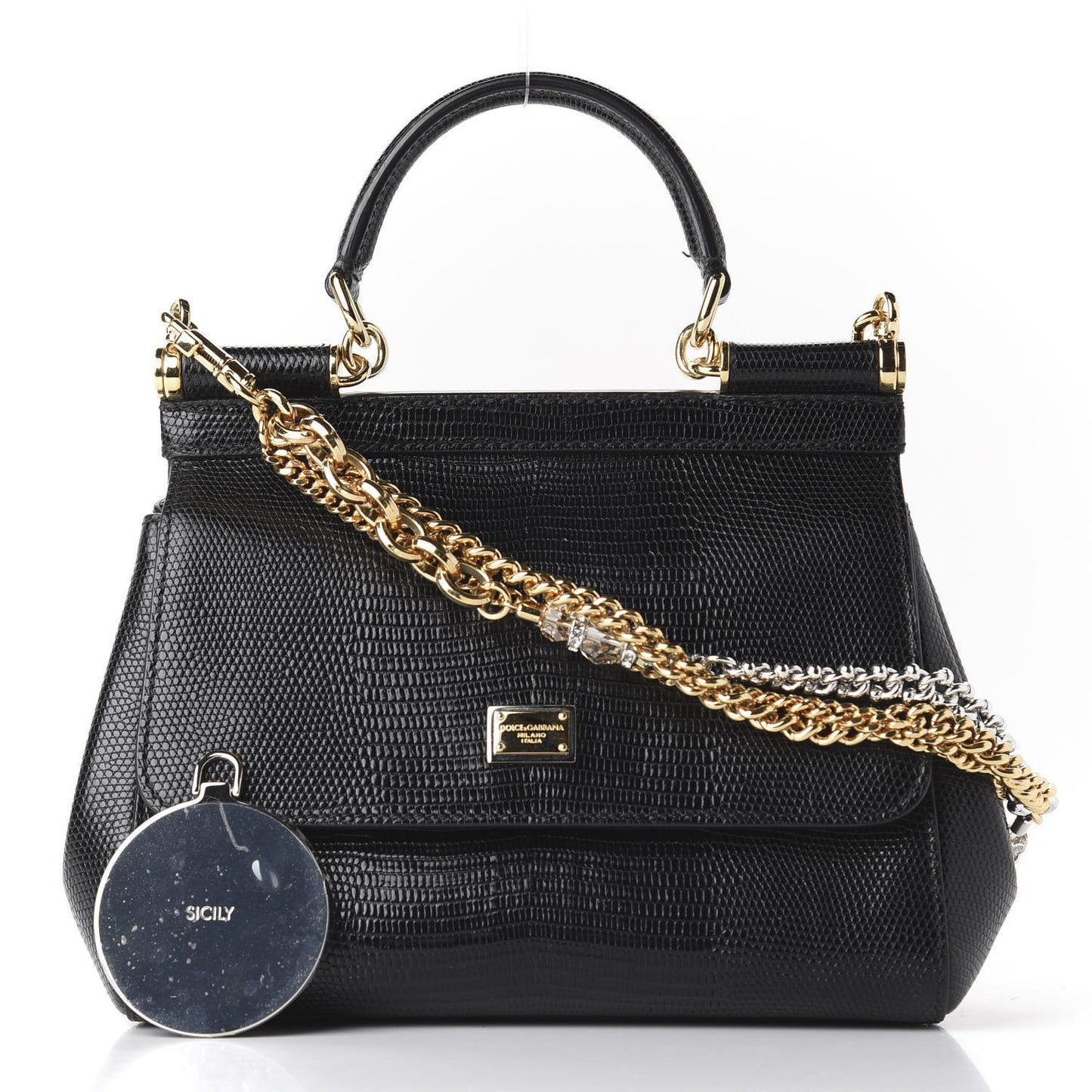 Iguana Embossed Calfskin Small Miss Sicily Chain Satchel Black