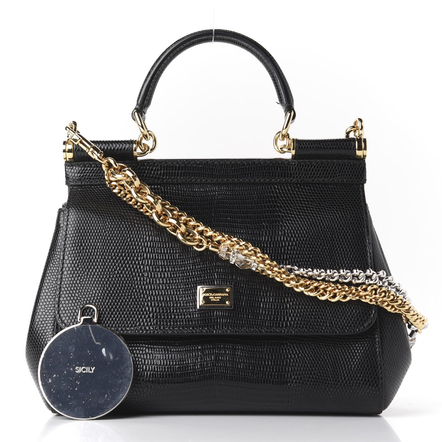 Dolce & Gabbana Iguana Embossed Calfskin Small Miss Sicily Chain Satchel Black 11 of 11