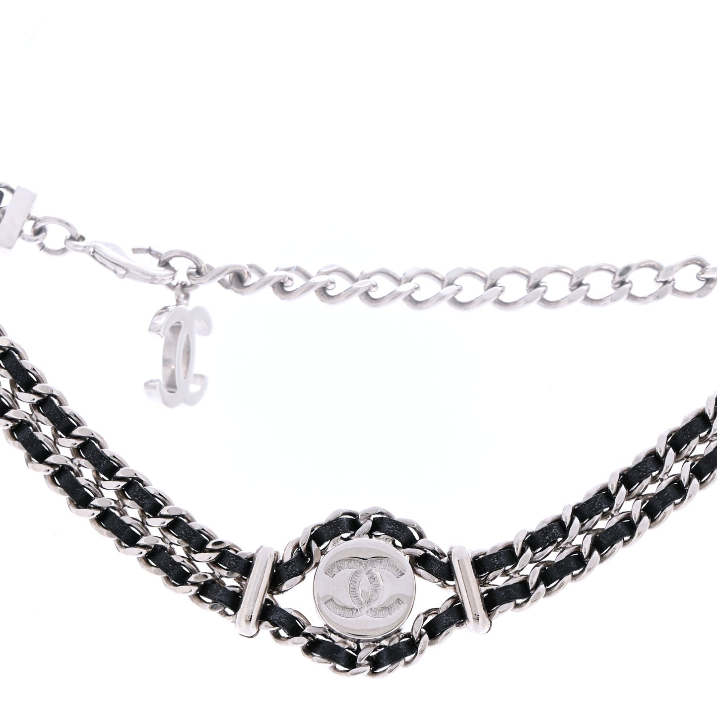 Lambskin CC Chain Choker Necklace Silver Black Silver Black