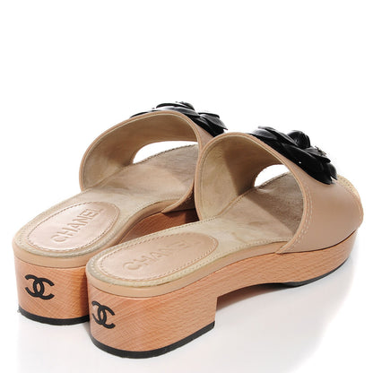 Chanel Leather Camellia Mules 38 Beige Black 4 of 8